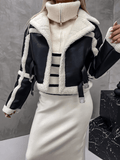 Inrosy court veste aviateur simili cuir polaire imitation peau de mouton chunky buckle col revers femme mode hiver manteau