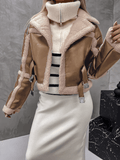 Inrosy court veste aviateur simili cuir polaire imitation peau de mouton chunky buckle col revers femme mode hiver manteau