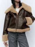 Inrosy court manteau aviateur simili cuir polaire poches fermeture éclair col revers femme oversized décontracté hiver veste