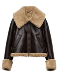 Inrosy manteau aviateur simili cuir doublé polaire imitation laine poches ceinture col revers femme mode décontracté hiver veste