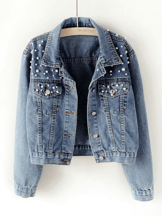 Inrosy veste en jean boutonnage poches strass pearl cloutée col revers manches longues femme casual mode oversized décontracté