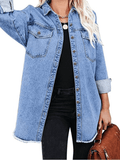 Inrosy veste en jean boutonnage poches col revers manches longues femme casual style boyfriend oversized blouse