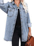 Inrosy veste en jean boutonnage poches col revers manches longues femme casual style boyfriend oversized blouse