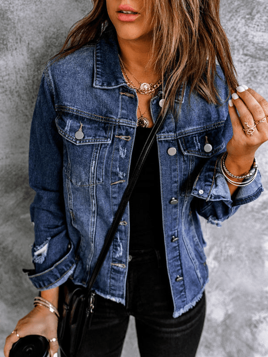 Inrosy veste en jean déchiré troué boutonnage poches col revers manches longues femme mode décontracté