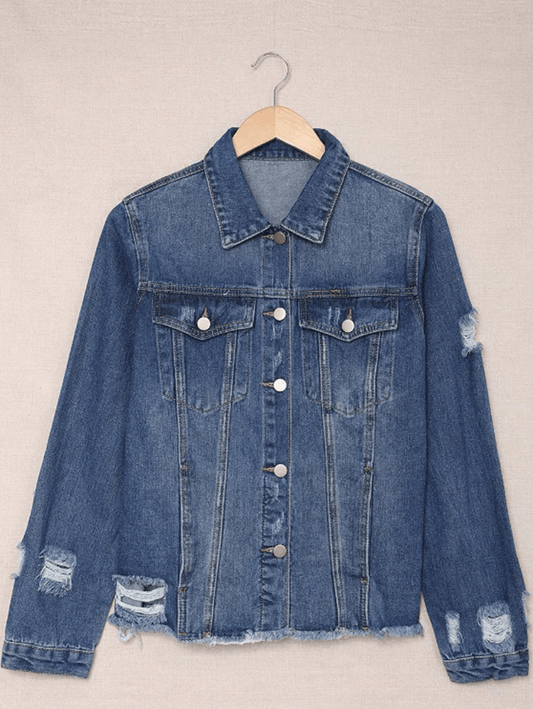 Inrosy veste en jean déchiré troué boutonnage poches col revers manches longues femme mode décontracté