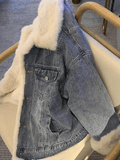 Inrosy veste en jean polaire molleton boutonnage poches col revers manches longues femme mode décontracté hiver manteau