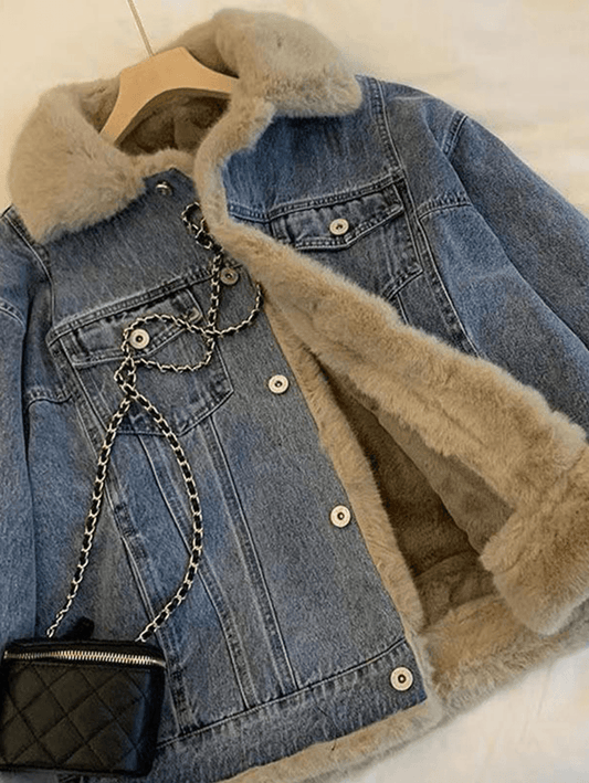 Inrosy veste en jean polaire molleton boutonnage poches col revers manches longues femme mode décontracté hiver manteau