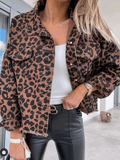Inrosy court veste en jean léopard boutonnage poches col revers manches longues femme casual style boyfriend automne