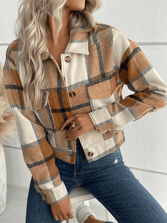Inrosy court surchemise femme carreaux boutonnage poches col revers manches longues femme mode décontracté veste automne
