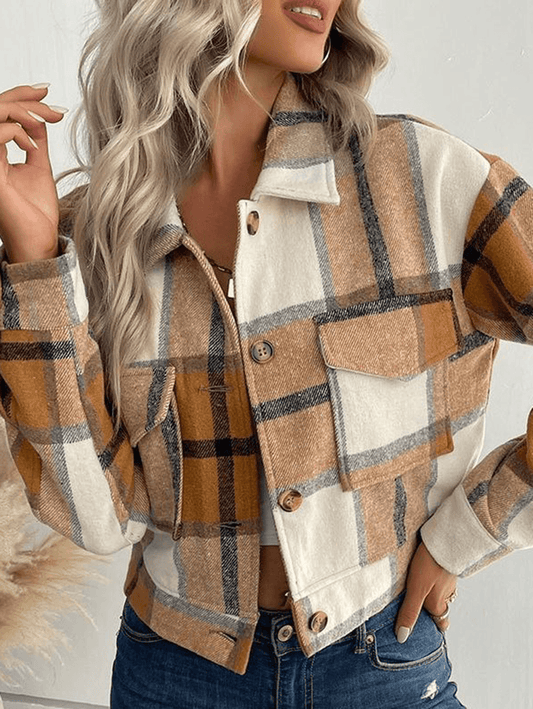Inrosy court surchemise femme carreaux boutonnage poches col revers manches longues femme mode décontracté veste automne