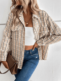 Inrosy veste tartan femme rayé carreaux boutonnage poches col revers manches longues femme mode décontracté surchemise automne