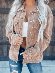 Inrosy veste en velours cotelé boutonnage poches rivet col revers manches longues femme style boyfriend mode décontracté