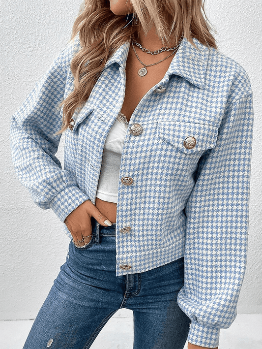Inrosy court veste pied de poule boutonnage poches col revers manches longues femme élégant mode