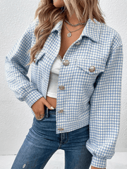 Inrosy court veste pied de poule boutonnage poches col revers manches longues femme élégant mode