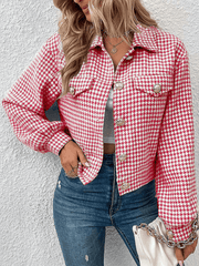 Inrosy court veste pied de poule boutonnage poches col revers manches longues femme élégant mode