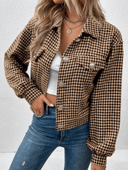 Inrosy court veste pied de poule boutonnage poches col revers manches longues femme élégant mode