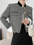 Inrosy court veste carreaux chevrons boutonnage poches col montant manches longues femme élégant mode vintage