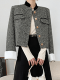 Inrosy court veste carreaux chevrons boutonnage poches col montant manches longues femme élégant mode vintage