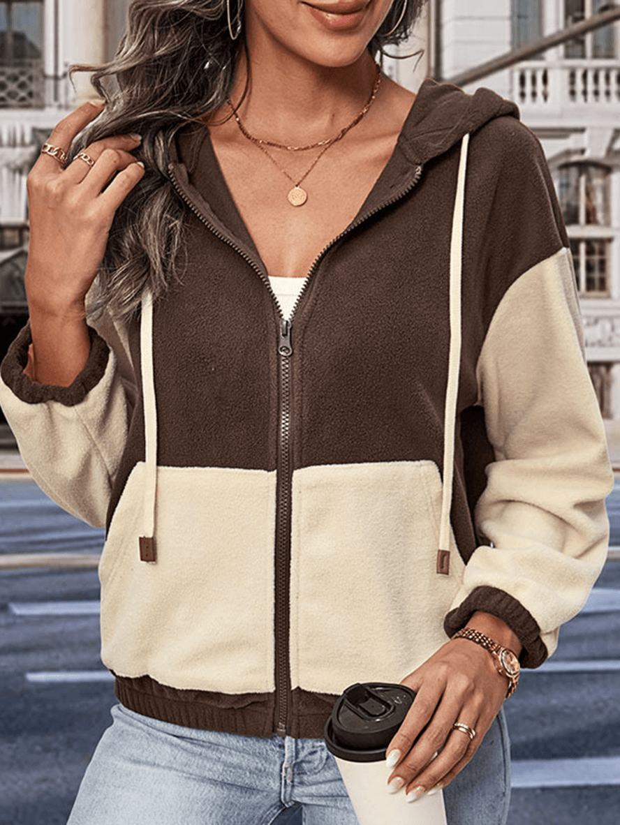 Inrosy veste à capuche couleur bloc polaire poches fermeture éclair manches longues femme mode décontracté automne sweatshirt