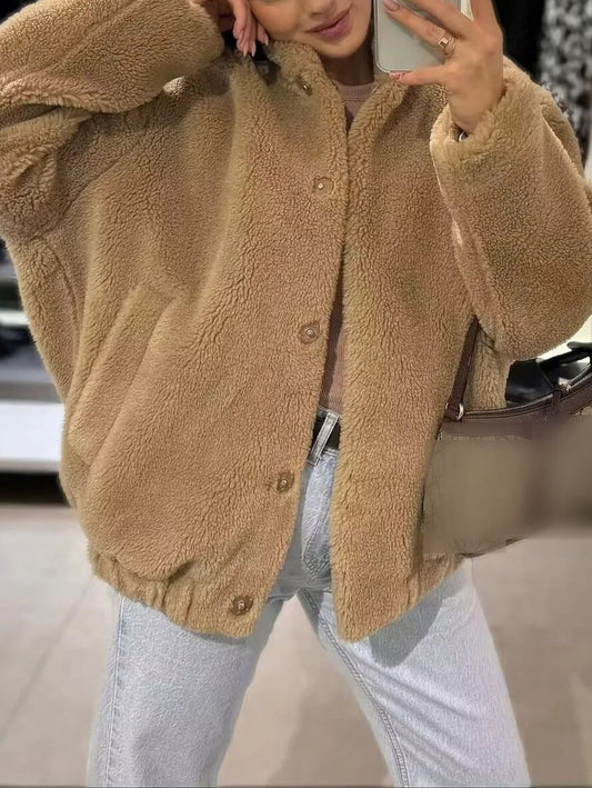 Inrosy court veste polaire boutonnage poches col montant manches longues femme casual mode oversized décontracté