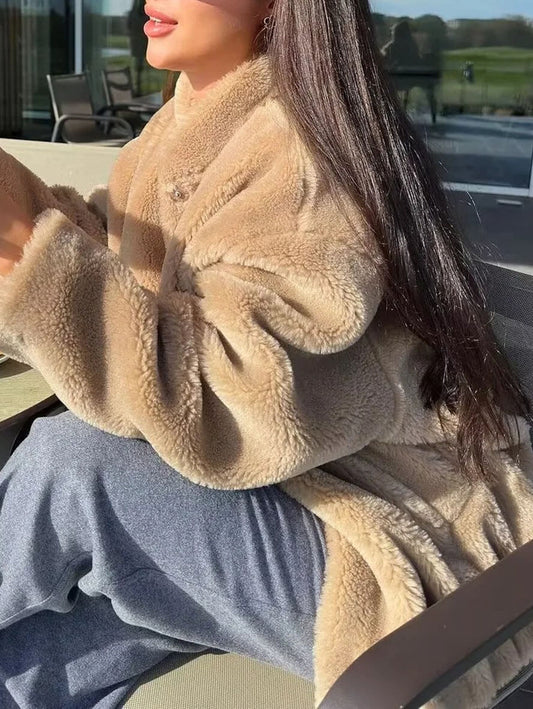 Inrosy court veste polaire boutonnage poches col montant manches longues femme casual mode oversized décontracté