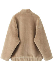 Inrosy court veste polaire boutonnage poches col montant manches longues femme casual mode oversized décontracté