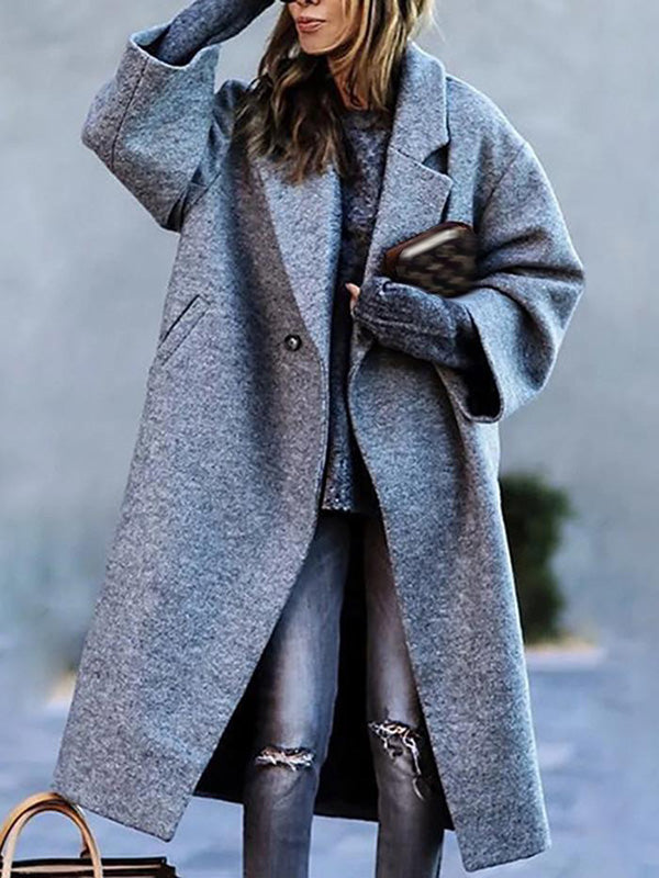 Inrosy manteau en laine unicolore boutons poches polyester col revers manches longues femme mode