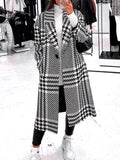 Inrosy longue manteau en laine pied de poule col revers mode femme hiver veste balnche et noir