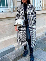Inrosy longue manteau en laine pied de poule col revers mode femme hiver veste balnche et noir