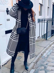 Inrosy longue manteau en laine pied de poule col revers mode femme hiver veste balnche et noir