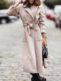 Inrosy longue manteau en laine fendu poches ceinture col revers manches longues femme élégant mode décontracté veste automne