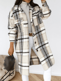 Inrosy mi-longue manteau en laine carreaux fendu boutonnage poches col revers femme élégant oversized surchemise