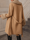 Inrosy mi-longue manteau trapèze femme ceinture boutonnage poches fausse fourrure col revers élégant mode hiver vêtements