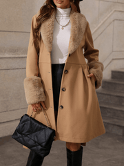 Inrosy mi-longue manteau trapèze femme ceinture boutonnage poches fausse fourrure col revers élégant mode hiver vêtements