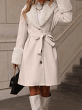 Inrosy mi-longue manteau trapèze femme ceinture boutonnage poches fausse fourrure col revers élégant mode hiver vêtements