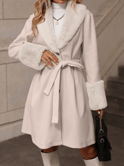 Inrosy mi-longue manteau trapèze femme ceinture boutonnage poches fausse fourrure col revers élégant mode hiver vêtements