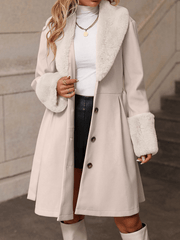 Inrosy mi-longue manteau trapèze femme ceinture boutonnage poches fausse fourrure col revers élégant mode hiver vêtements