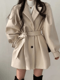 Inrosy mi-longue manteau en laine ceinture boutonnage poches manches bouffantes femme élégant mode oversized hiver veste vêtements