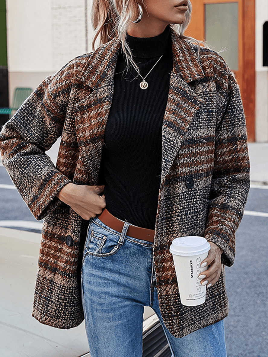 Inrosy veste tartan femme blazer carreaux double boutonnage poches col revers manches longues femme oversized décontracté manteau