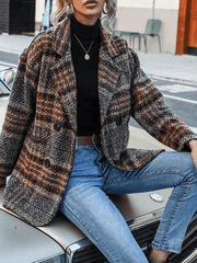 Inrosy veste tartan femme blazer carreaux double boutonnage poches col revers manches longues femme oversized décontracté manteau