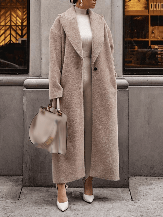 Inrosy longue manteau en laine unicolore boutons poches col revers manches longues femme élégant mode ample hiver veste