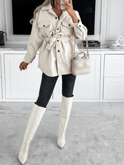 Inrosy mi-longue manteau ceinture noeud boutonnage poches col revers manches longues femme élégant mode veste
