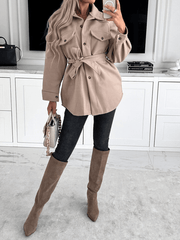 Inrosy mi-longue manteau ceinture noeud boutonnage poches col revers manches longues femme élégant mode veste
