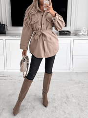 Inrosy mi-longue manteau ceinture noeud boutonnage poches col revers manches longues femme élégant mode veste