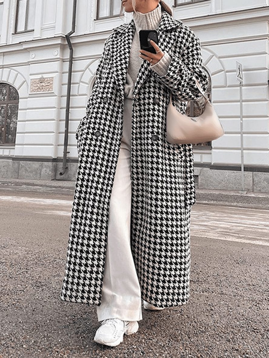 Inrosy manteau en laine long cheville femme pied de poule double boutonnage ceinture femme élégant oversized veste