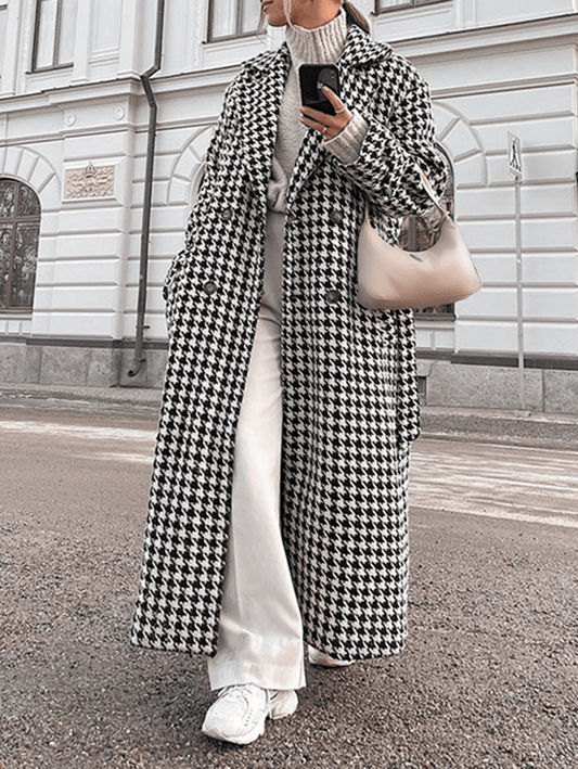 Inrosy manteau en laine long cheville femme pied de poule double boutonnage ceinture femme élégant oversized veste