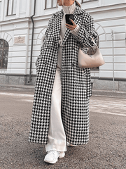 Inrosy manteau en laine long cheville femme pied de poule double boutonnage ceinture femme élégant oversized veste