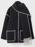 Inrosy manteau en laine avec frange foulard boutonnage poches col rond manches longues femme élégant mode ample hiver veste