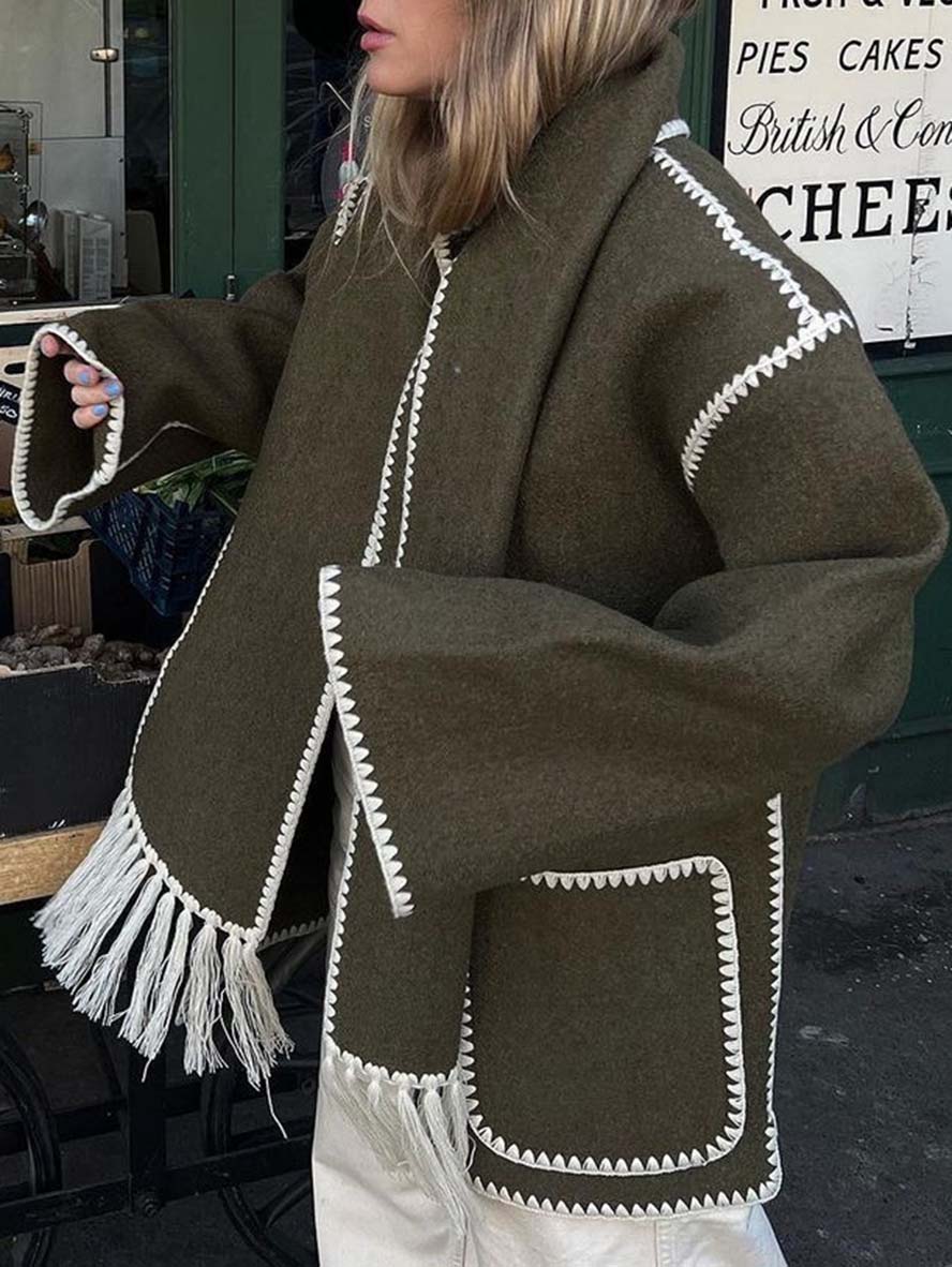 Inrosy manteau en laine veste en feutre à encolure frange écharpe boutonnage poches col rond femme élégant mode
