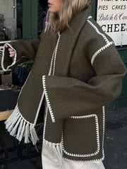 Inrosy manteau en laine veste en feutre à encolure frange écharpe boutonnage poches col rond femme élégant mode
